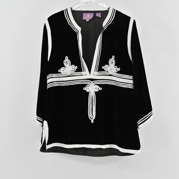 C.J. Laing Tops - CJ Laing Velvet Soutache Tunic Womens Size XL Black Silk Blend Boho Embroidered